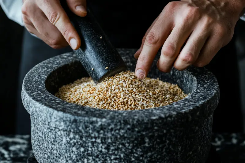 cook-uses-pestle-to-grind-sesame-seeds-dark-stone آسیاب کردن کنجد