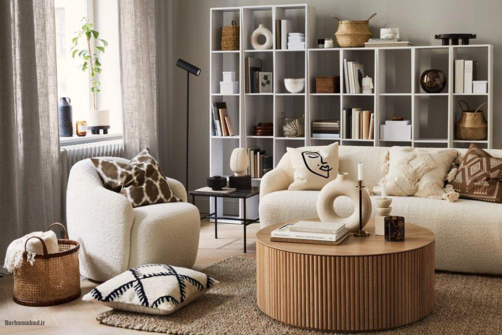 چیدمان میز جلو مبلی با دکوری و اکسسوری ترند
